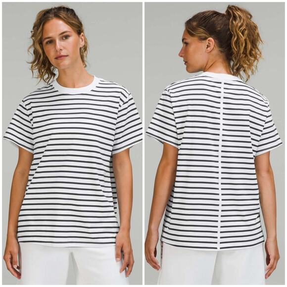 Lululemon All Yours Cotton T-Shirt Stripe White Grey Plus Size 14 Loose Fit - Picture 1 of 7